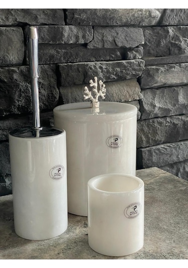 Beyazı Mermer Çöp Kovası, Wc Fırçalığı, Diş Fırçalık 3,lü Set Beyaz