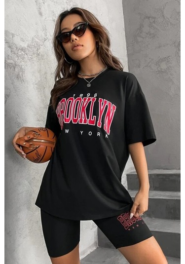 Modagen Kadın Oversize Siyah Brooklyn New York Baskılı Tshirt Tayt Takım Siyahk