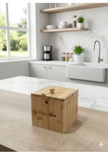 Qerhome Bmabu Kapaklı Ve Kaşıklı Şekerlik - Tuzluk - Baharatlık Veya Baharat Kabı 12 Cm 12 Cm Ahşap