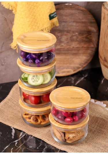 Bambum Duo 300ml 6'lı Bambu Kapaklı Cam Kahvaltılık Seti