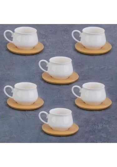 Mien-23407 Bambu Tabaklı 6lı Kahve Fincan Takımı Bambu - Beyaz