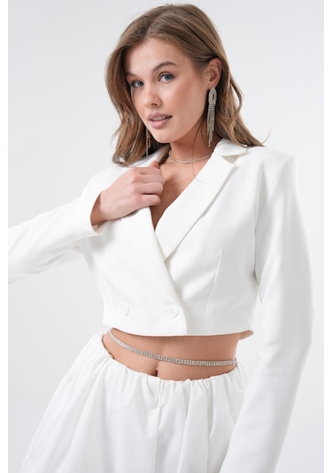 Saade Beyaz Kruvaze Crop Blazer Ceket Beyaz