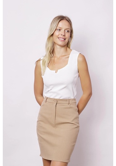 Kadın Cep Detaylı Diz Üstü Hafif Likralı Pamuklu Kumaş Kalem Etek-camel CAMEL