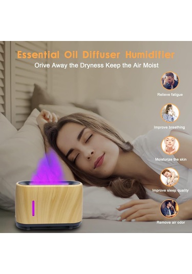 Alev Difüzör Nemlendiricisi 7 Alev Renkleri, Susuz Otomatik-off Korumalı Uçucu Yağ Aroma Terapisi Difüzör, Ev İçin Yangın Havası Difüzörü, Ofis, Yatak Odası Ahşap Tahıl