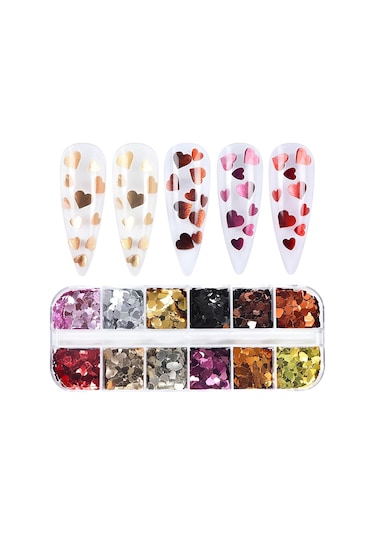 Metalik Renkli Kalpler Tırnak Süsleme Folyo Pulları Mix Nail Art