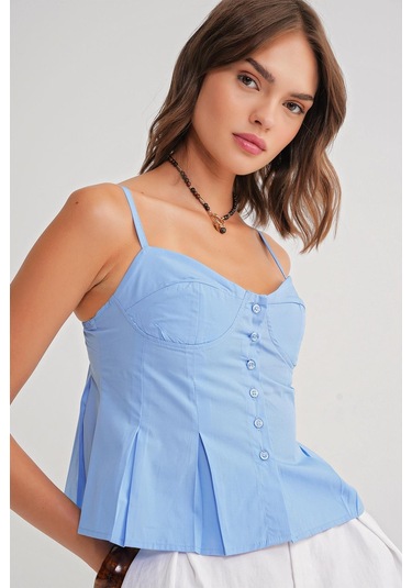 4737 Kadın Düğmeli Kuplu Pileli Bluz Mavi Mavi