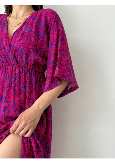 Kadın Kruvaze Yaka Yırtmaçlı Uzun Yazlık Elbise Mavi