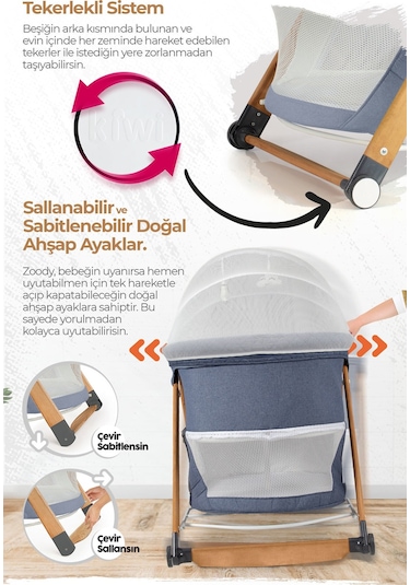 Kiwi Zoody Park Yatak Ve Oyun Parkı Bebek Beşiği, Anne Yanı Beşik, Park Beşik, Sallanan Beşik-gri Renk