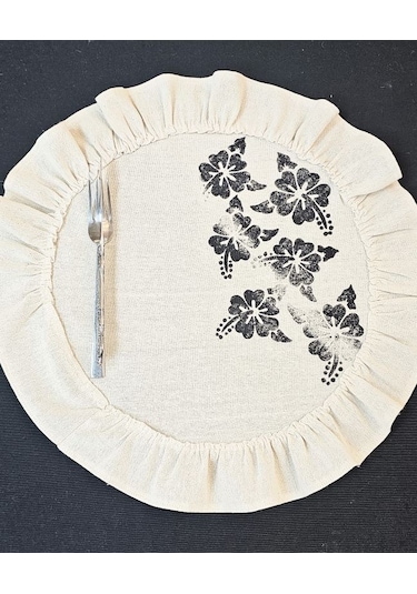 %100 Pamuklu Ham Keten Pamuk Fırfırlı Çiçek Taş Baskı 6' Lı Amerikan Servisi Supla Yuvarlak 45cm Naturel