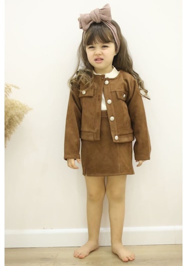 Kız Çocuk Süet Ceket Etek Bady Üç Parça Tarz Takım 001