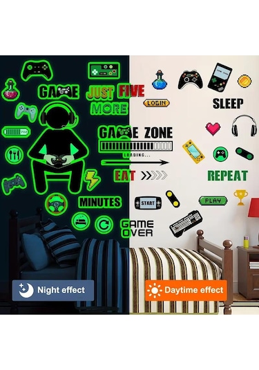 Youmex Oyun Odası Dekorasyonu Işıklı Duvar Stickerı - Oyun Kontrolcüsü, Konsol Ve Motivasyonel Sözler Desenli, 30x20 Cm, Kız Erkek Odası Duvar Dekoru Beyaz