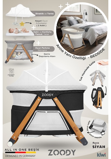 Kiwi Zoody Park Yatak Ve Oyun Parkı Bebek Beşiği, Anne Yanı Beşik, Park Beşik, Sallanan Beşik -siyah Renk