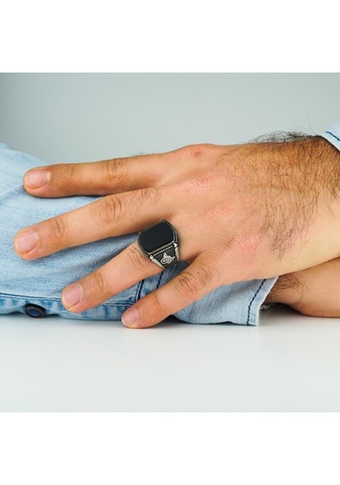 925 Ayar Gümüş Oniks Taşlı Tuğralı Erkek Yüzük - 553966439