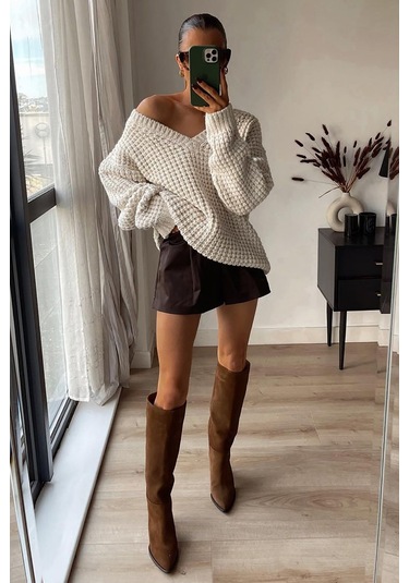 Madmext Ekru Oversize V Yaka Triko Kazak Mg1440