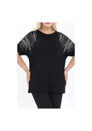 Bambu Bluz Yarasa Kol Taş Detaylı M-6xl Siyah 5
