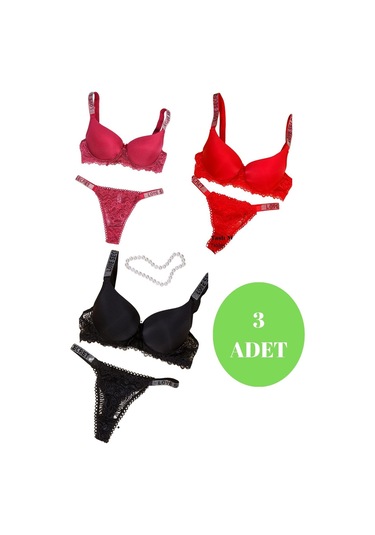 Murays Kadın 3lü Taşlı Mikro Sütyen Takım Bordo/kırmızı/siyah