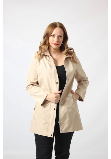1616 Fermuarlı Cep Detaylı Kapuşonlu Bondit Ceket Kapiçino Cappuccino