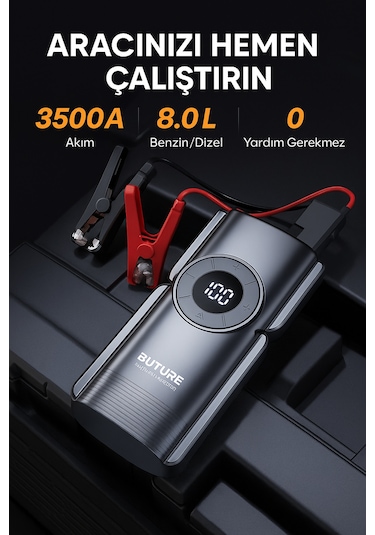 Buture BETA01 3500A 2000mah Lastik Şişirme Kompresörlü Taşınabilir Akü Takviye Kiti (Çanta + Led Lamba + Powerbank)