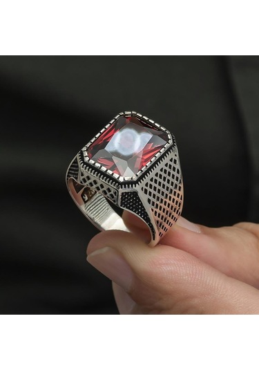 Kare Kırmızı Taşlı 925 Gümüş Erkek Yüzük