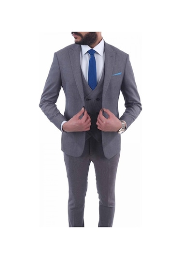 Jan Carlucci Yelekli Slimfit Drop 6 Takım Elbise (477080098) Gri