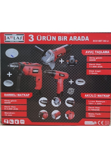 Attlas Eco Set 3G Li Darbeli Matkap + Akülü Matkap + Avuç Taşlama