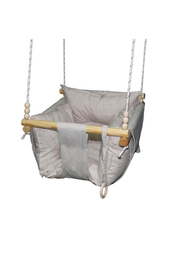 Ahşap Çocuk & Bebek Salıncağı Krem Rengi Minder Yastık Ve Diş Halkalı Tavan Salıncak