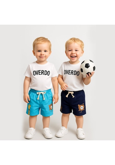 Overdo Kids 2ip Ayıcık Baskılı Beli Lastikli Unisex Şort Lacivert