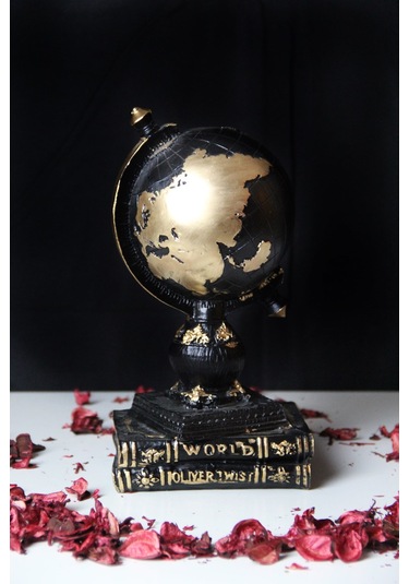 Doremcy Dekoratif Gümüş Kitaplı Dünya Küre Ev Ve Ofis Hediyelik Polyester Döküm Biblo Siyah (Gold Detaylı)
