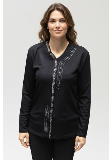 Kadın Önü Kapalı Düğme Detaylı Taşlı Nergis Mevsimlik Bluz Siyah