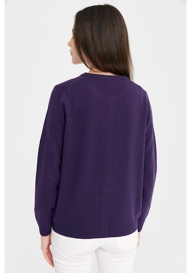 Desen Triko Kadın Sıfır Yaka Triko Yün Hırka 21031 Koyu Mor
