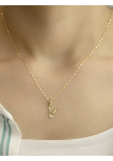 14 Ayar Altın Küçük Füzyon V Harfli Kolye Sarı