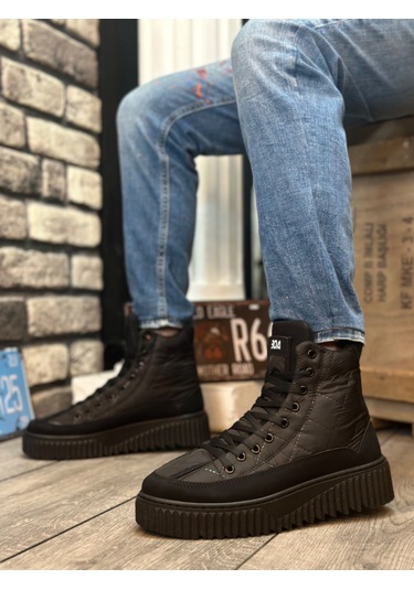 Ba0811 Boa Yüksek Siyah Taban Siyah Paraşüt Kumaş Cilt Detaylı Yarım Bilek Spor Bot Siyah