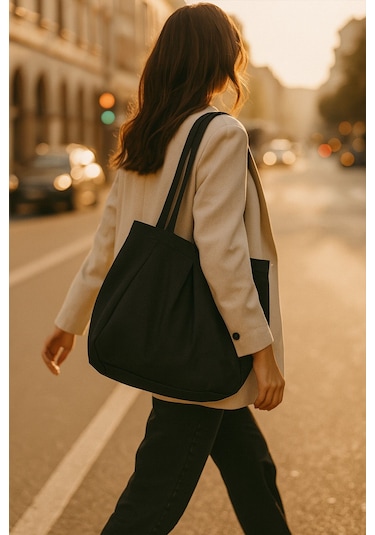 Siyah Çok Amaçlı Premium Oversize Düz Orta Boy Kanvas Kadın El Ve Omuz Çantası Siyah