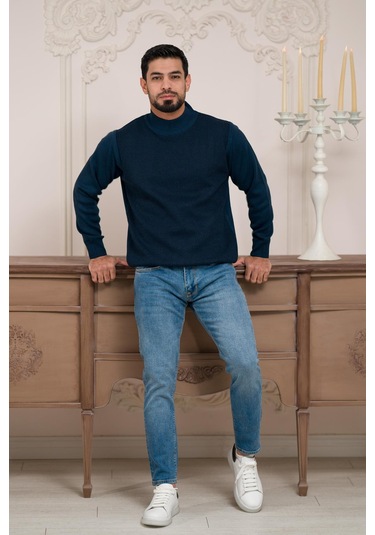 Woolen World Balıkçı Yaka Desenli Yünlü Erkek Triko Kazak Lacivert