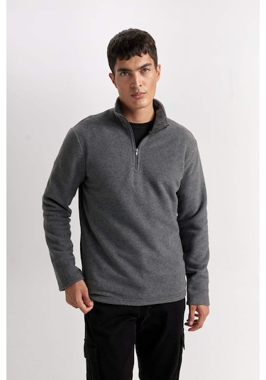 DeFacto Antrasit Tüylenme Yapmayan Soğuk Geçirmez Regular Fit Dik Yaka Fermuarlı Polar Sweatshirt Y3996AZNSAR198