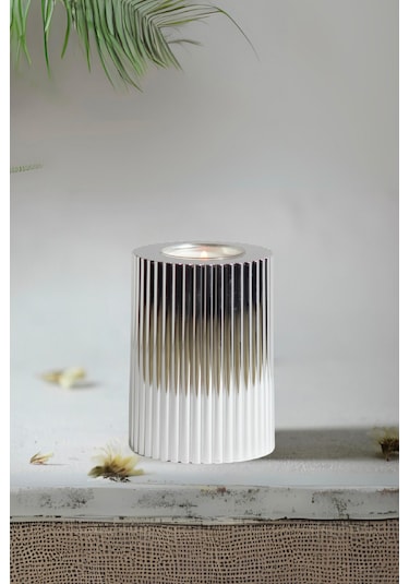 3 Lü Silver Gümüş Krom Tırtıklı Yüzey Mumluk Dekoratif Tealight
