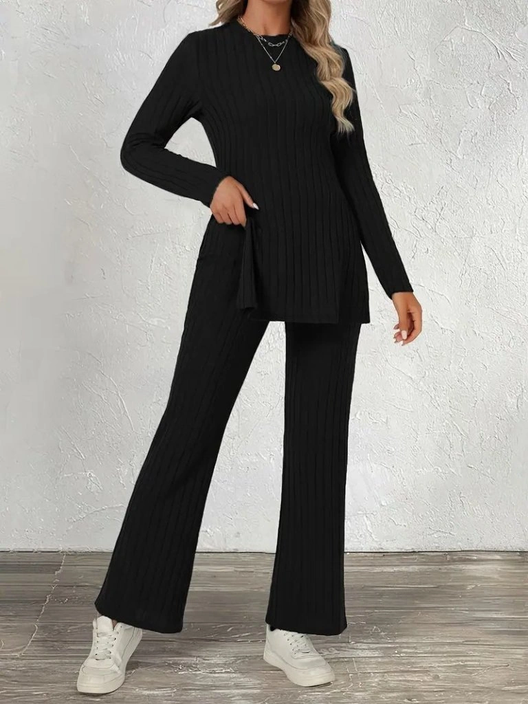 Tua Moda Kadın Uzun Kollu Bisiklet Yaka Yandan Yırtmaçlı Şardonlu Kaşkorse Bluz Ve Pantolon Ikili Takım Siyah