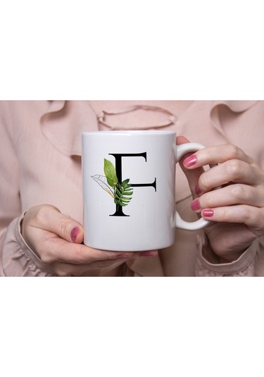 F Harf Zarif Yaprak Desenli Kupa Bardak - Naturel Sade Alfabe Harfli Bardak - Kişiye Özel Hediye Beyaz