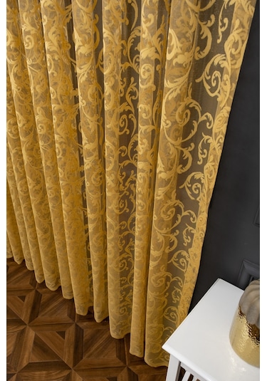 Taç Şal Desen Tül Perde - Hardal