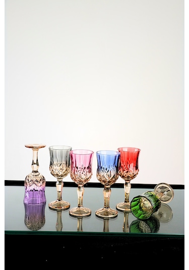 Çift Renk Organik Boya 6'lı Kristal Ayaklı Kahve Yanı Su Bardağı