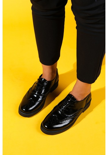 Avra Siyah Rugan Hakiki Deri Kadın Oxford Ayakkabı Siyah