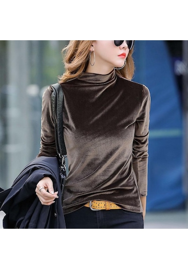 Kahve Kış Sıcak Balıkçı Yaka Uzun Kollu Kadife Gömlek Yüksek Yaka İnce Zarif Lüks Kadife Bluz Bahar Üstleri Kahverengi