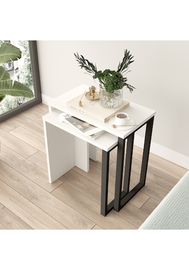 Robin Home Lidya 2'li Zigon Sehpa Yan Sehpa Metal Ayaklı Beyaz