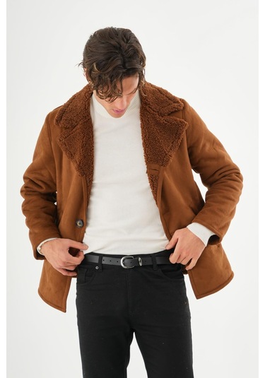 Erkek Regular Fit İçi Kürklü Düğmeli Katlı Yaka Yandan Cepli Klasik Süet Mont Kahverengi