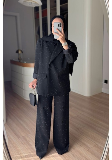 Ka Hijab Vatkalı Taşlı Ceket Pantolon Takım - Siyah