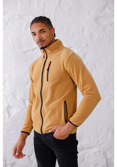 Monox Erkek Biyeli Fermuarlı Spor Polar Ceket Camel