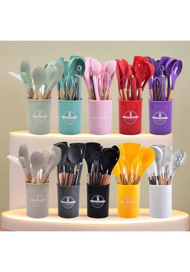 Kangvka Ahşap Saplı Silikon Mutfak Gereçleri 12'li Set - Tencere Uyumlu, Yıkama Kolay, Organize Depolama Kova İle Pembe Diğer