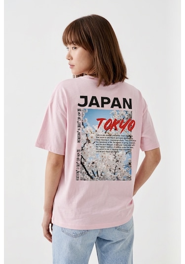 Hoxie Unisex Pembe Oversize Tişört - Minimal Tokyo Tipografi Baskılı