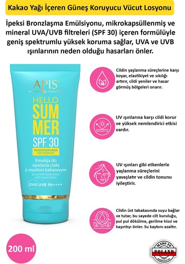 Apis Natural Kakao Yağı İçeren Güneş Koruyucu Vücut Losyonu SPF30 200 ML
