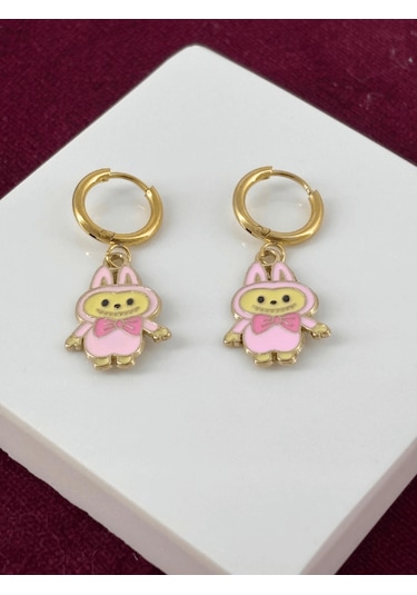 Pembe Renkli Labubu Gold Küpe Gold